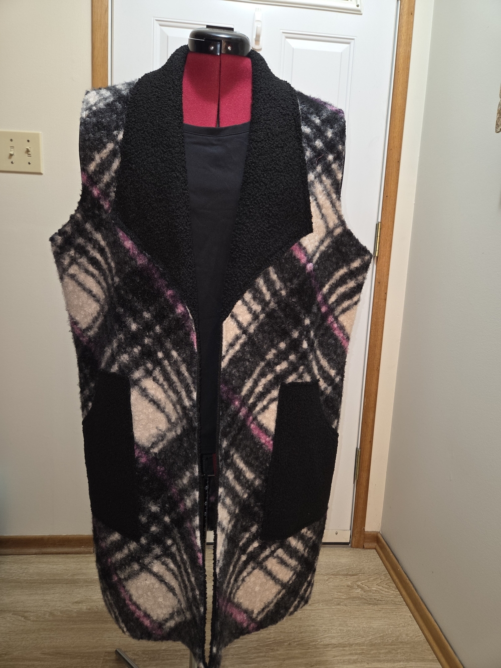 Rouge Helium Black, Cream & Pink Plaid Sherpa-Trim Vest